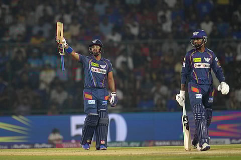 Nicholas Pooran celebrates his fifty runs